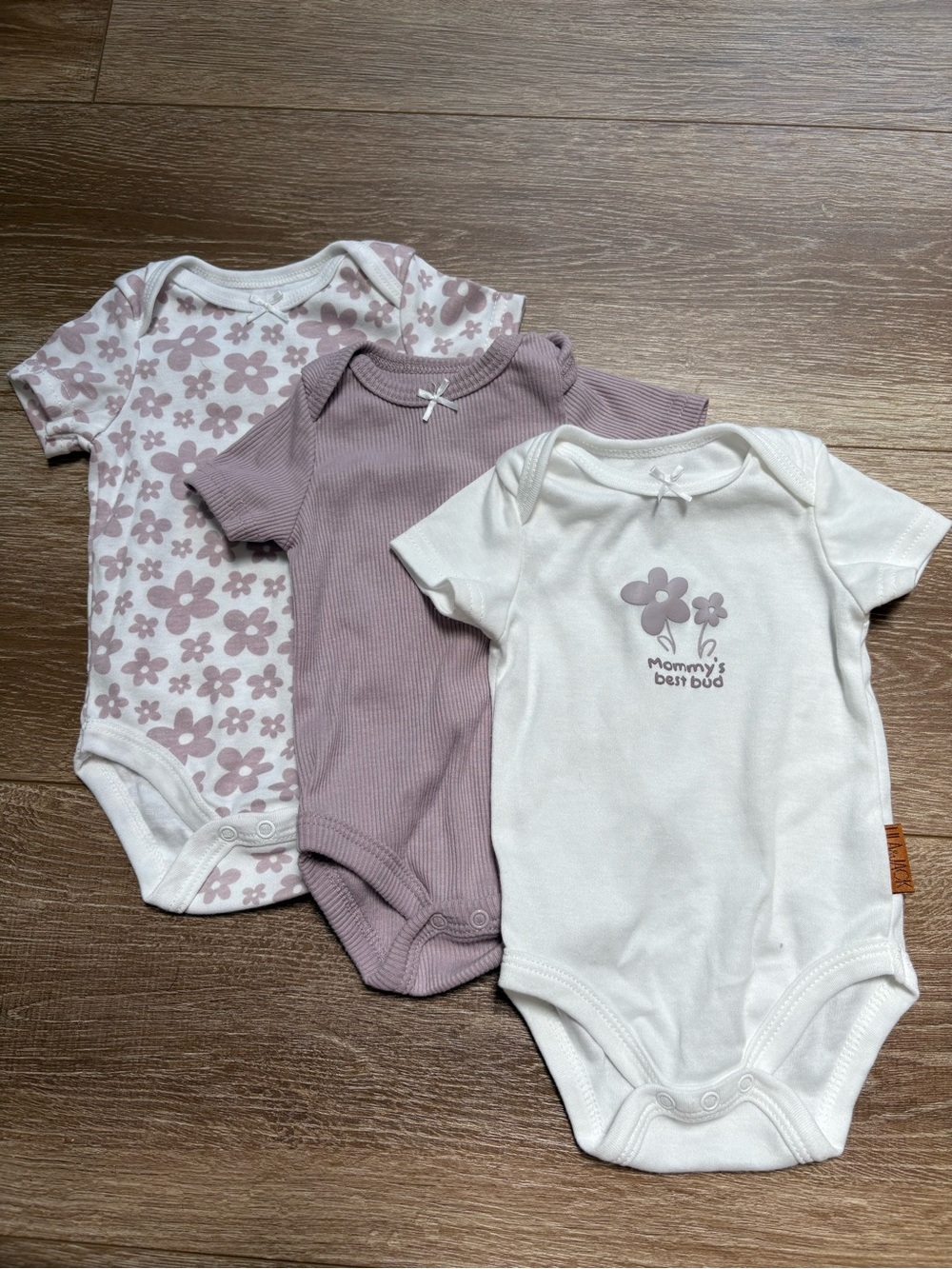 Short Sleeve Baby One-Piece Bodysuit Set in Mauve & White - 3 Pack